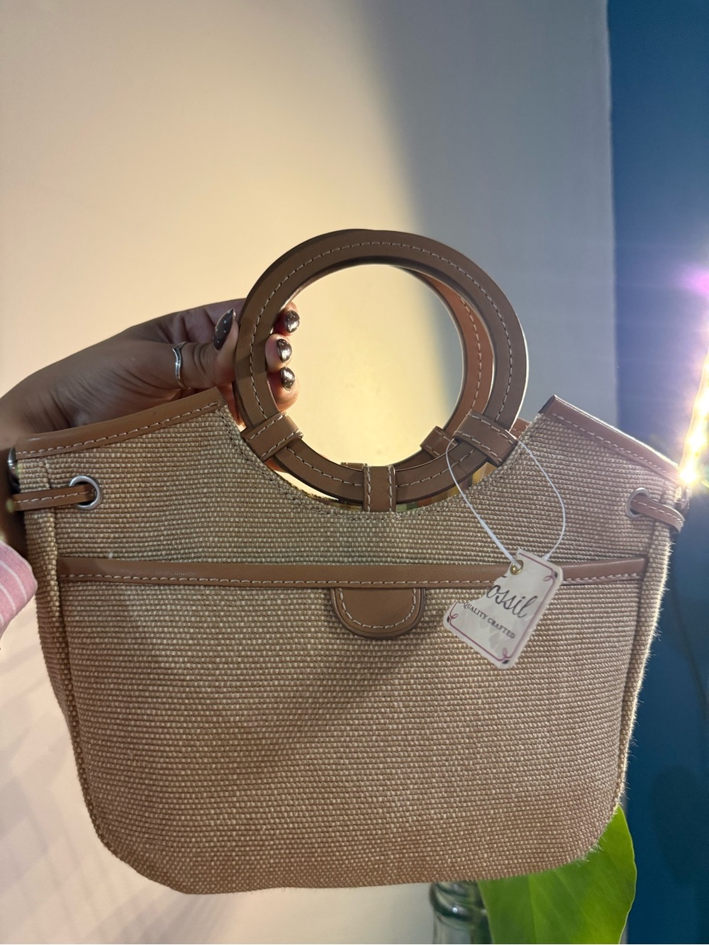 Fossil Beige Straw Tote with Round Brown Handles